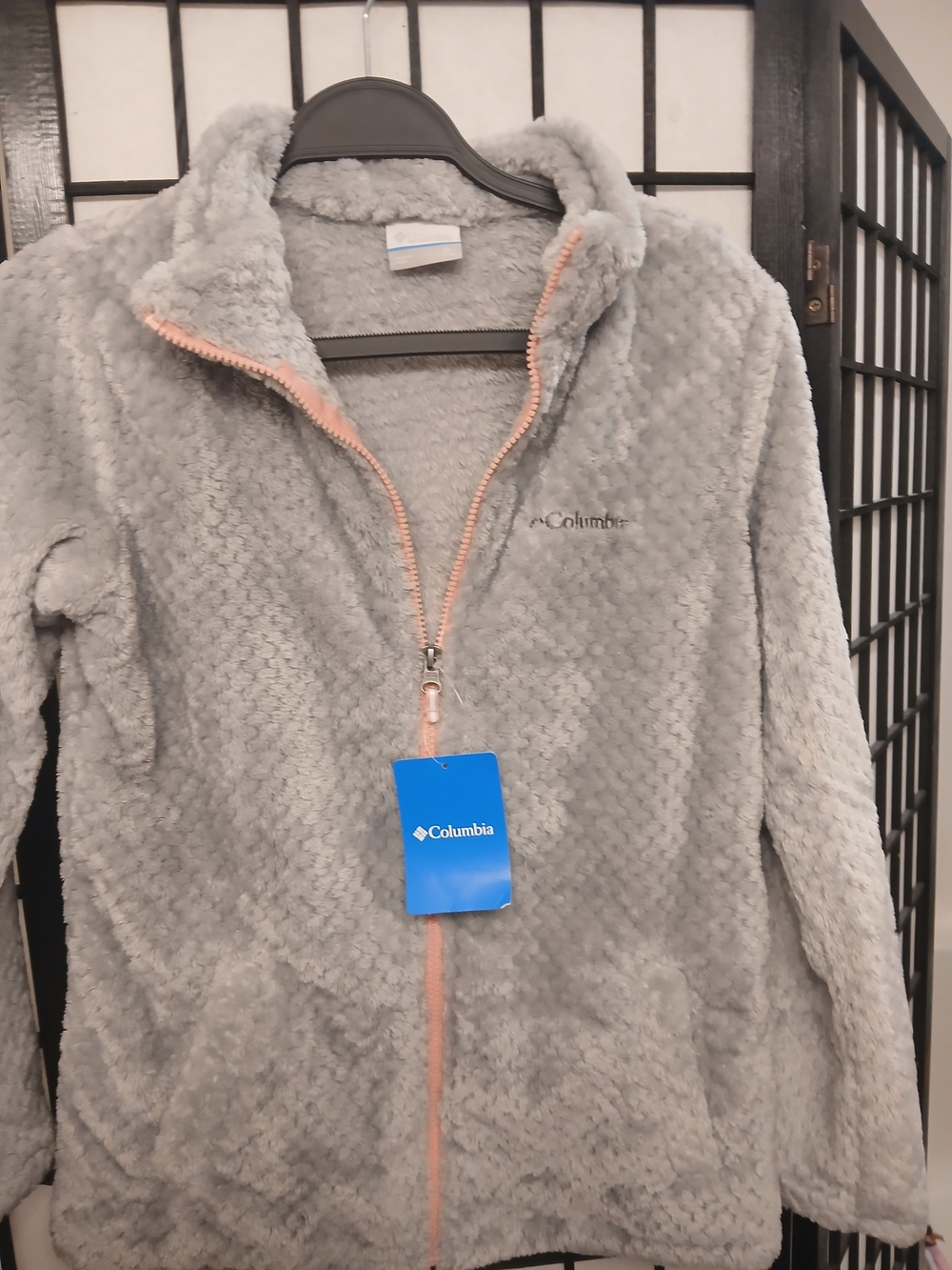 KIDS XL Columbia Women's Light Gray Plush Full-Zip Teddy Jacket with Pink Trim
